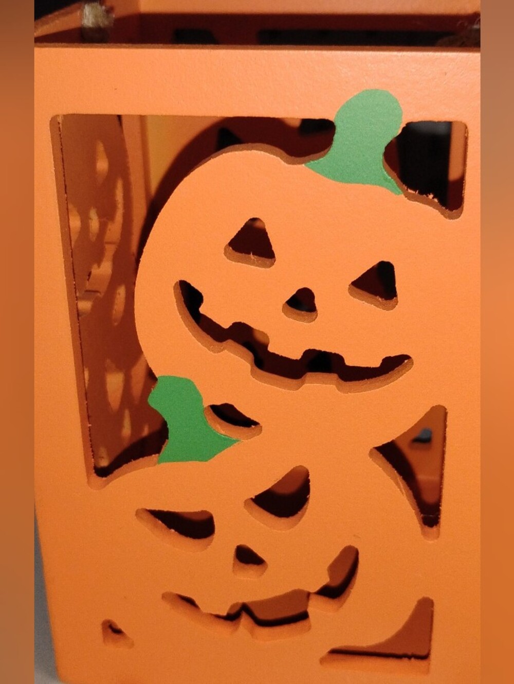 Halloween Orange Metal Container with Pumpkin Cut-Outs and Green Accents